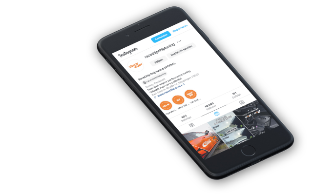 Smartphone with the Instagram app open, on which the official RaceChip profile is displayed.