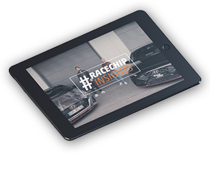 Tablet with displayed video of the “RaceChip Insights” series. Two people standing between two tuned cars.