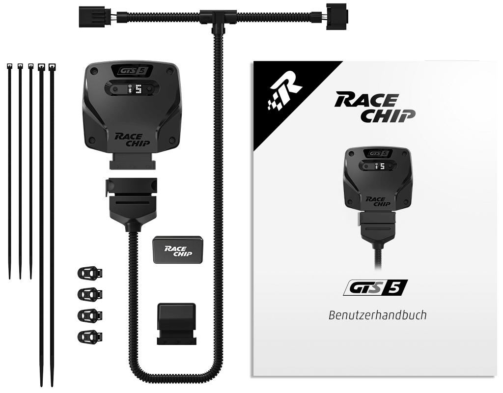Scope of delivery RaceChip GTS 5: control unit, vehicle-specific wiring harness, OEM connector, 360° mounting clips, cable ties and user manual.