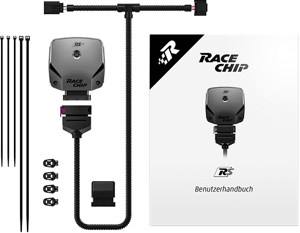 Scope of delivery RaceChip RS: control unit, vehicle-specific wiring harness, OEM connector, 360° mounting clips, cable ties and user manual.